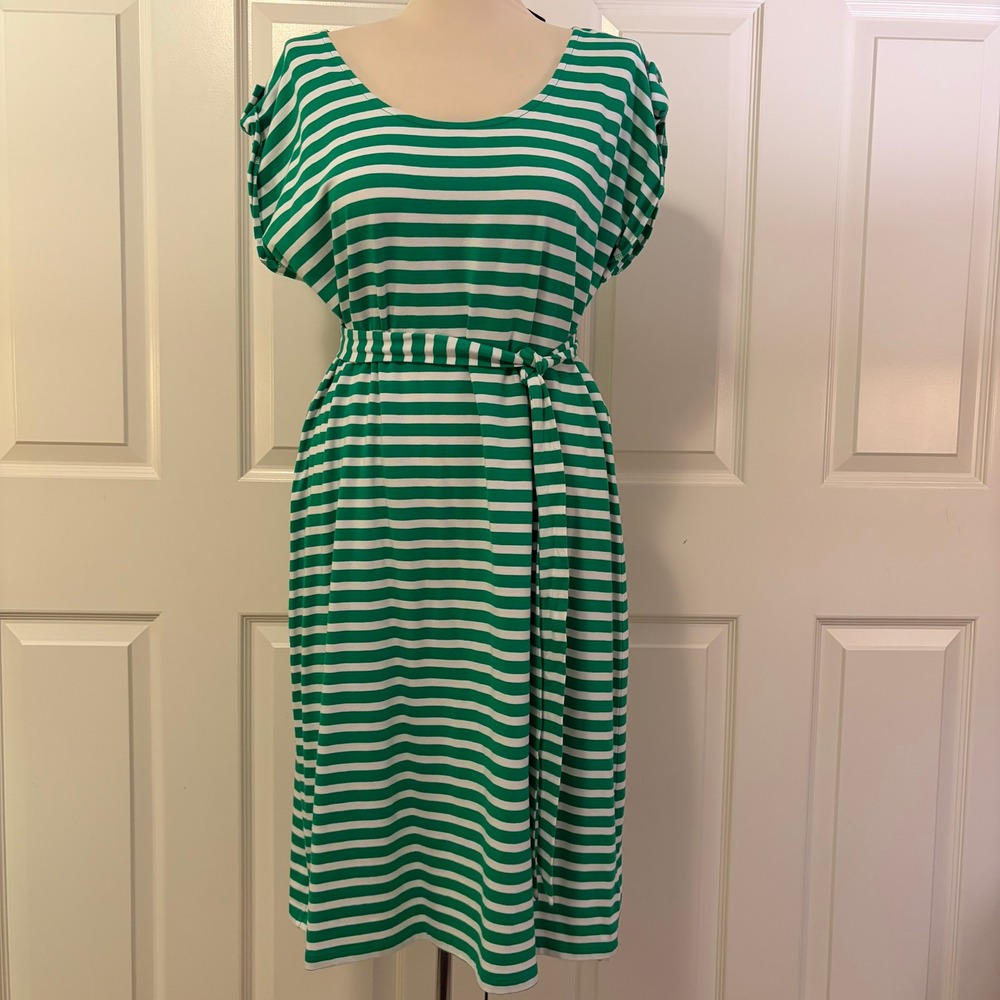 Talbots Green White Striped Belted Cotton Midi Dress Womens Large NWT